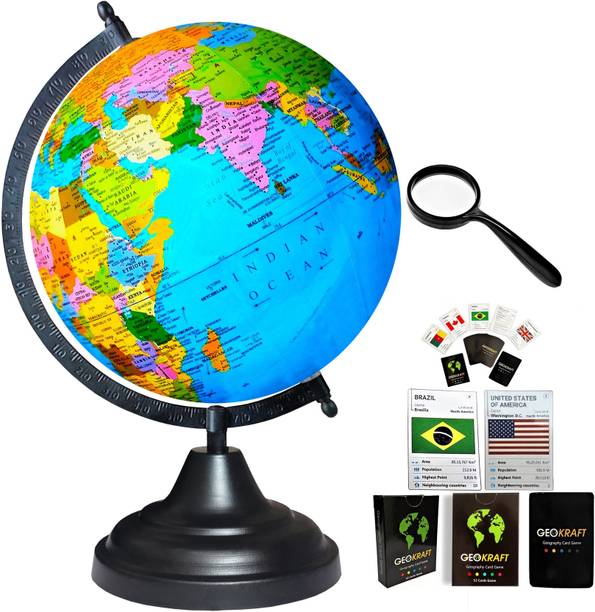 Glasso Globe Hight 12", Diameter 8", 52 Countries Trump Cards and 50 mm Magnifier Lens, Black Arc Base, Multicolor Map, Blue Ocean for Kids School Home Office Table Laminated Political Geography Study World Globe