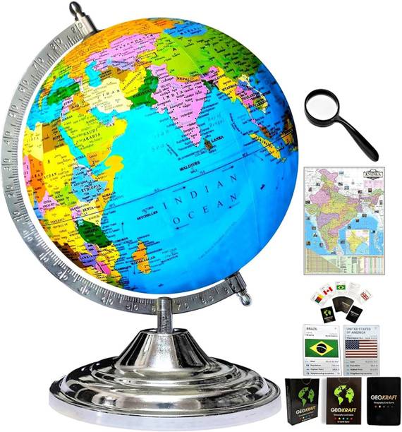 Glasso Globe Hight 12" Dia 8", 52 Countries Trump Cards, 50 mm Magnifier and India Map, Silver Arc Base, Multicolor Map, Blue Ocean for Kids School Home Office Laminated Political Geography Study World Globe