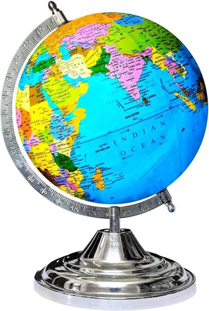 Glasso Globe Hight 12"=30.4 cm, Globe Diameter 8"=20.32 cm, Decorative, Silver Arc Base, Multicolor Map, Blue Ocean for Kids School Home Office Laminated Political Geography Study World Globe