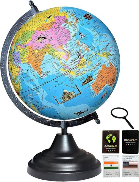 Glasso Educational Globe – 8" Diameter + 52 Countries Trump Cards & 75 mm Lens Black Arc Base, Multicolor Map, Blue Ocean for Kids School Home Office Laminated Political Geography Study World Globe