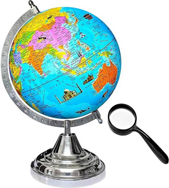 SPECTO Globe Hight 12"=30.4cm, Globe Diameter 8"=20.32 cm and 50 mm Magnifying Glass Silver Arc Base, Multicolor Monuments Map Blue Ocean for Kids School Home Office Laminated Political Geography Study World Globe