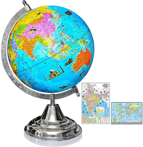 Globella Globe Hight 12"=30.4 cm, Diameter 8"=20.32 cm, India Map, World Map Charts, Silver Arc Base, Multicolor Map, Blue Ocean for Kids School Home Office Laminated Political Geography Study World Globe