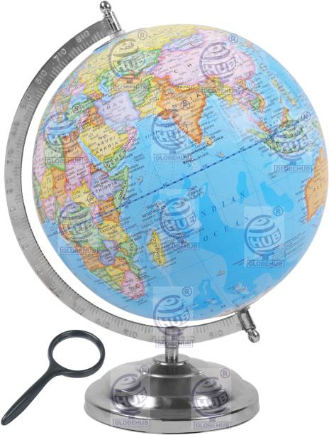 GLOBEHUB HUB 14 Inch Height, 10 Inch Diameter Educational Metal Base with Magnifying Glass Desk and Table Top Political World Globe