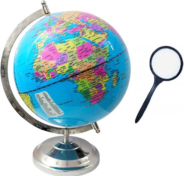 GeoKraft 10Inch Diameter 13Inch Height Educational Metal Base Globe with Magnifying Glass Desk And Table Top Political World Globe