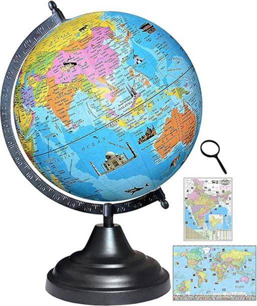 Clearo Globe Hight 12"=30.4 cm, Dia 8"=20.32 cm, 50 mm Magnifier, India and World Maps, Black Arc Base, Multicolor Monuments Map Blue Ocean for Kids School Home Office Laminated Political Geography Study World Globe