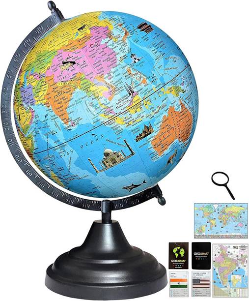 SPECTO Globe Hight 12" Dia 8", 52 Countries Trump Cards, 50mmMagnifier,India,WorldMaps, Black Arc Base, Multicolor Monuments Map Blue Ocean for Kids School Home Office Laminated Political Geography Study World Globe