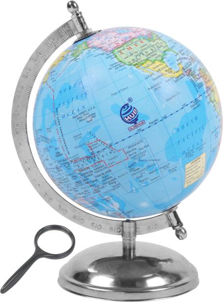 GLOBEHUB HUB 10 Inch Height, 6 Inch Diameter Educational Metal Base with Magnifying Glass Desk and Table Top Political World Globe