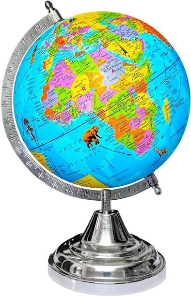 SPECTO Globe Hight 12", Diameter 8"=20.32 cm, 52 Country Trump Cards and World Map, Silver Arc Base, Multicolor Monuments Map Blue Ocean for Kids School Home Office Laminated Political Geography Study World Globe