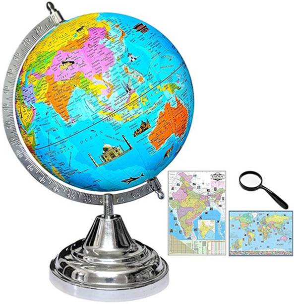 SPECTO Globe Hight 12"=30.4 cm, Dia 8"=20.32 cm, 50 mm Magnifier, India and World Maps, Silver Arc Base, Multicolor Monuments Map Blue Ocean for Kids School Home Office Laminated Political Geography Study World Globe