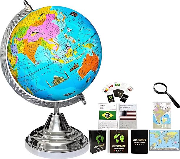 SPECTO Globe Hight 12" Dia 8", 52 Countries Trump Cards, 50mmMagnifier,India,WorldMaps, Silver Arc Base, Multicolor Monuments Map Blue Ocean for Kids School Home Office Laminated Political Geography Study World Globe