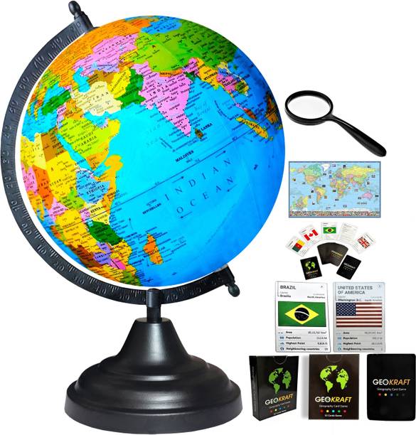 Glasso Globe Hight 12" Dia 8", 52 Countries Trump Cards, 50 mm Magnifier and World Map, Black Arc Base, Multicolor Map, Blue Ocean for Kids School Home Office Laminated Political Geography Study World Globe