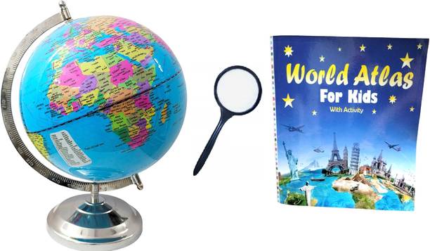 GeoKraft 10Inch Diameter World Globe with Lens and Atlas forKids/OfficeDecor/BirthdayGift Desk & Table top Political World Globe