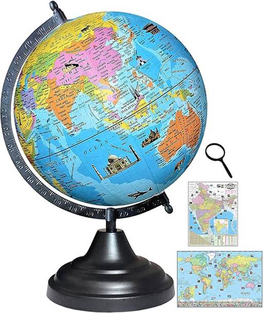 SPECTO Globe Hight 12"=30.4 cm, Dia 8"=20.32 cm, 50 mm Magnifier, India and World Maps, Black Arc Base, Multicolor Map, Blue Ocean for Kids School College Home Office Laminated Political Geography Study World Globe