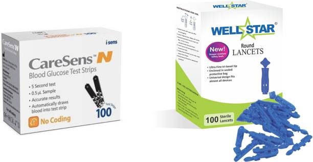 Wellstar aCARSENS N 100 Test Strips With ROUND Glucometer Lancets (100) Glucometer Lancets