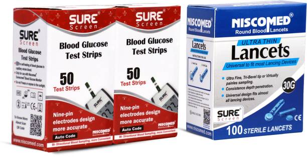 NISCOMED Sure screen Test Glucose (No Glucometer) 100 Round Blood Lancet with 100 Glucometer Strips