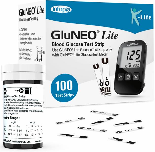 K-life Gluneolite Blood Sugar Glucose Testing 100 Glucometer Strips