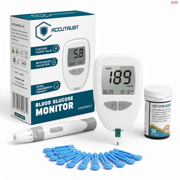Accutrust Diabetes Glucometer Kit | Portable Sugar Test Machine 50 Test Strips 50 Lancets Glucometer