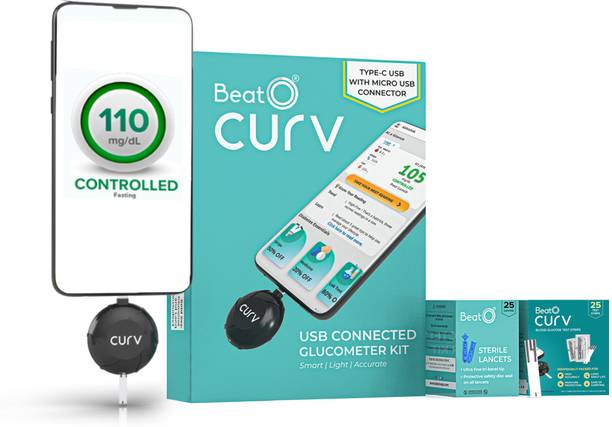 BeatO CURV Smartphone | Sugar Test Machine with 25 Strips & 25 Lancets Glucometer