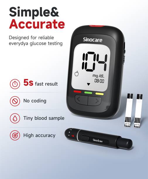 Sinocare Safe AQ Max III Glucometer, 50 Foil Strips & 50 Lancets, No Coding, 5s Result Glucometer