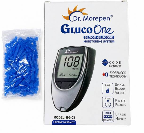 Dr. Morepen Glucometer Blood Glucose Monitor with 100 Lancets 0.5uL Sample 5 Sec Results Kit Glucometer
