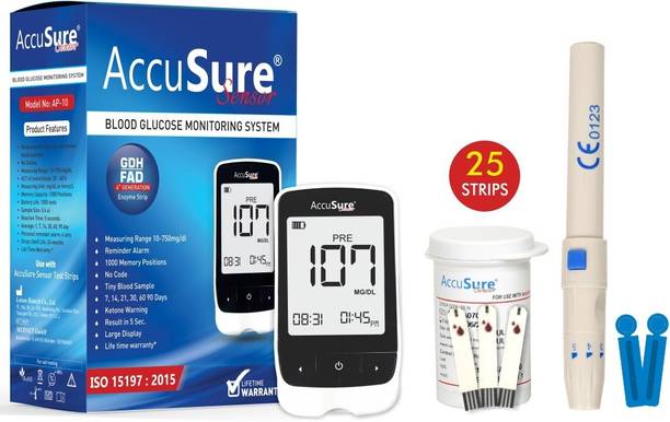AccuSure Sensor Glucometer Machine with 25 Test Strips & 10 Lancet Glucometer
