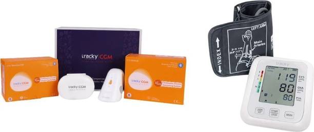 Tracky Bluetooth Blood Pressure Monitor with Cuff Guide + 14-Day CGM Sensor, App Sync Glucometer