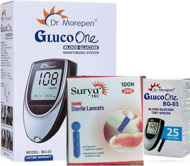 Dr. Morepen Glucometer and 25 Strips , Dr Seibert Sterile 100 Lancets combo pack Glucometer