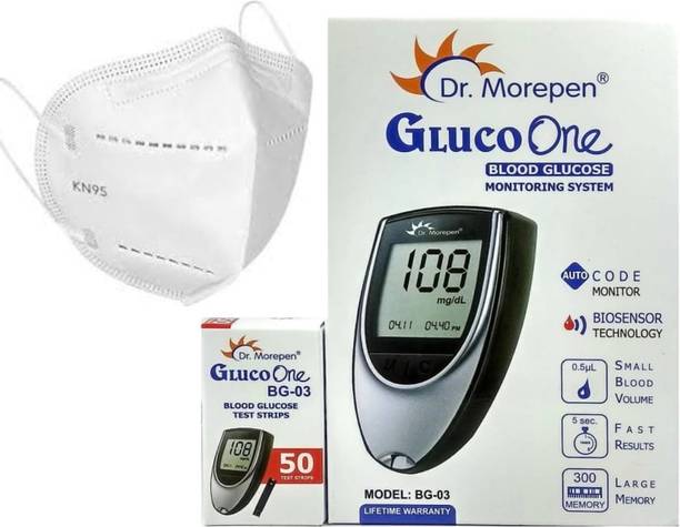 Dr. Morepen Glucometer And 50 Strips and 10 Lancet and Two N95 Mask Glucometer (Grey, Black) Glucometer