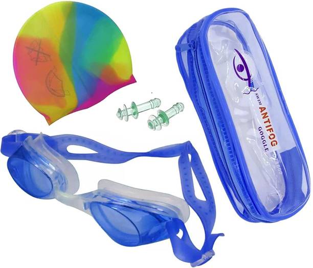 OPINA Swim Cap with Swimming Goggles Fog Glasses and Earplugs for Safety(Random Color) Swimming Goggles