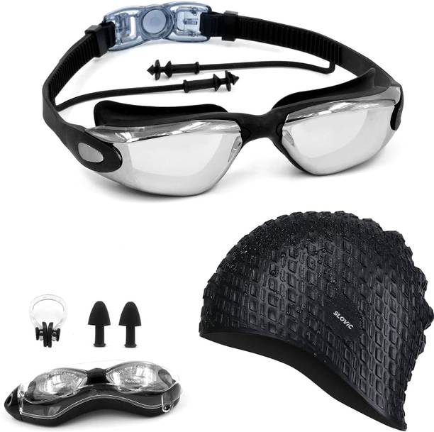 स्लोविक Swimming Kit Swimming Goggles & Swimming Cap with Ear Plug, Nose Clip | Anti Fog स्विमिंग के चश्मे