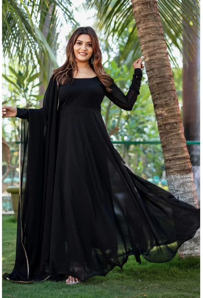 chiffon anarkali dress meesho Women Embroidered Georgette Anarkali Gown With Dupatta