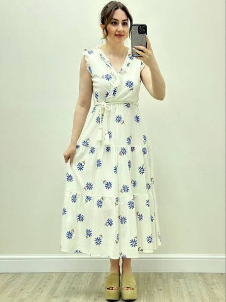 Women Wrap White Ankle Length Dress