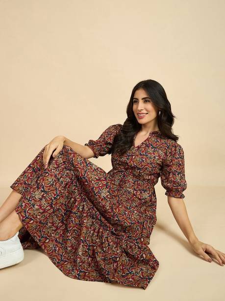 Women Fit and Flare Brown Below Knee Dress
