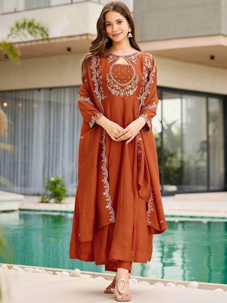 Embroidered, Embellished Viscose Rayon Anarkali Kurta for Women With Attached Dupatta