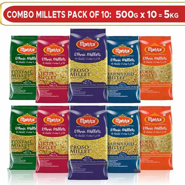 Manna Millets 5kg - Natural Grains Combo Pack of 10 (5kg) | Foxtail 1kg, Kodo 1kg, Proso 1kg, Little 1kg, Barnyard 1kg | Native Low GI Millet Rice | Nutrient Powerhouse, High Protein & 100% more Fibre than Rice Mixed Millet