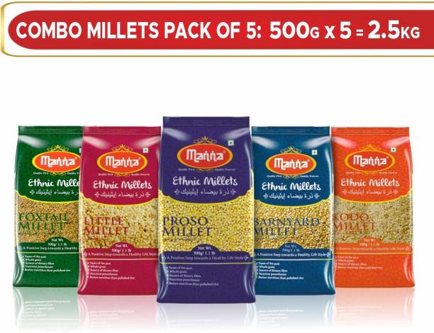 Manna Millets 2.5 kg - Natural Grains Combo Pack of 5 | Kodo 500g, Little 500g, Foxtail 500g, Barnyard 500g, Proso 500g | Nutrient Powerhouse, High Protein & 100% More Fibre Than Rice Mixed Millet Mixed Millet