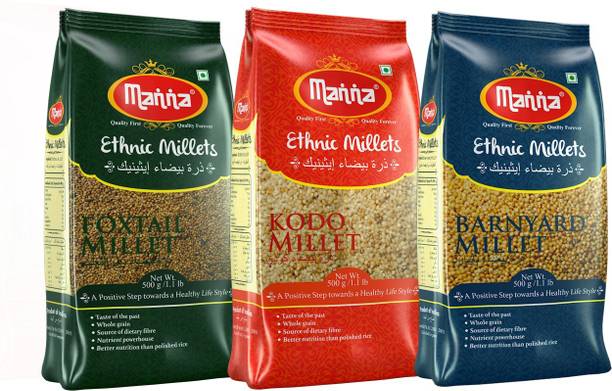 Manna Millets 1.5kg - Natural Grains Combo Pack of 3 | Foxtail 500g, Kodo 500g, Barnyard 500g | Nutrient Powerhouse, High Protein & 100% More Fibre Than Rice Mixed Millet