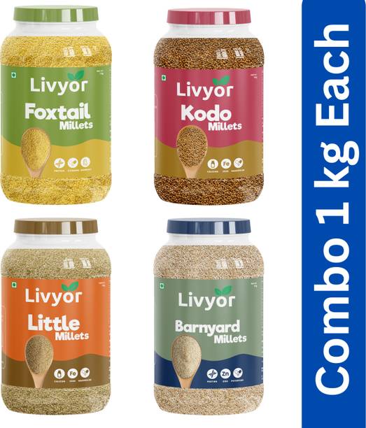 LIVYOR Unpolished Millets Combo Pack 4x1kg | Foxtail, Kodo, Little, Barnyard Millet Mixed Millet