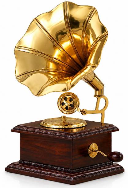 DEPTH & DESIGN Vintage Brass & Wooden Gramophone Showpiece 8 Inch Brass, Wooden Gramophone