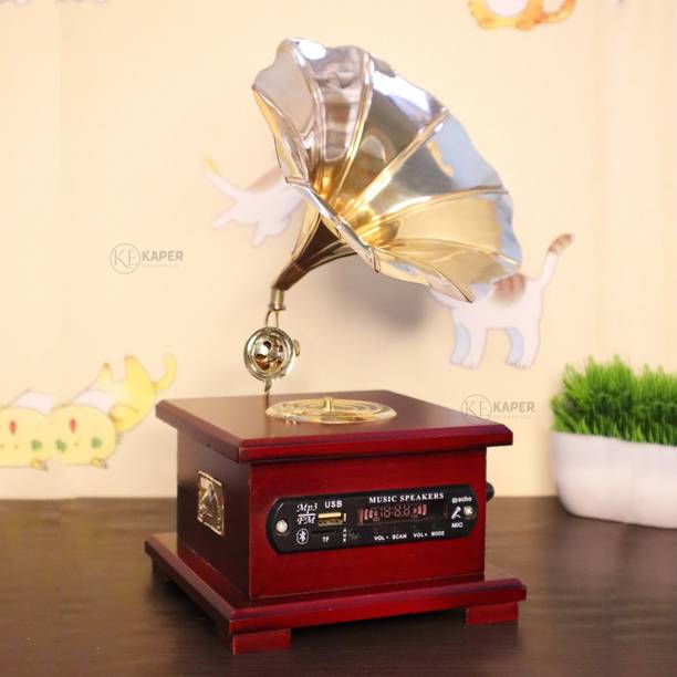 KAPER Decorative Gramophone Bluetooth Speaker Home Decorative Diwali Vintage Showpiece Wooden, Brass Gramophone