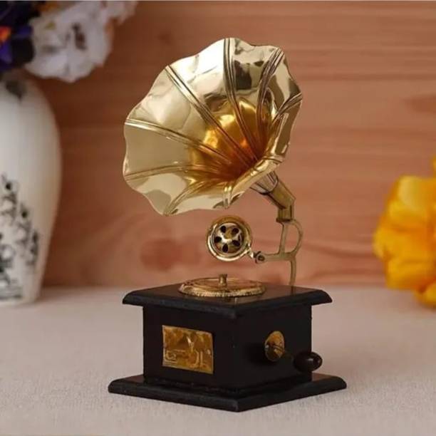ZA Designs Antique-Style Brass & Wood Decorative Gramophone Decorative Showpiece  -  16 cm