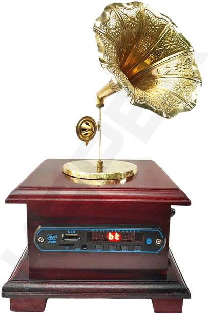 KAPER Antique Bluetooth Gramophone Speaker Showpiece Decorative with Horn | Antique Vintage Style Working Brass Gramophone Showpiece for Home Decore. Brass, Wooden Gramophone