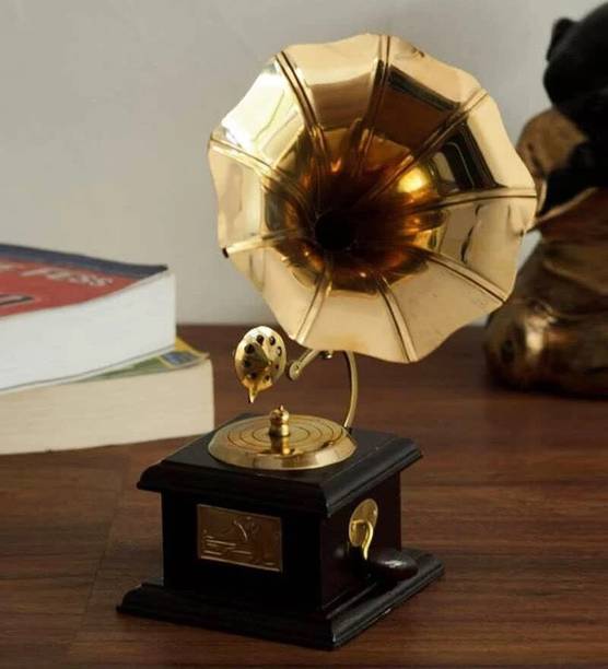 KAPER Brass Gramophone Showpiece For Decoration Antique Vintage Style Small Gramophone Brass, Wooden Gramophone