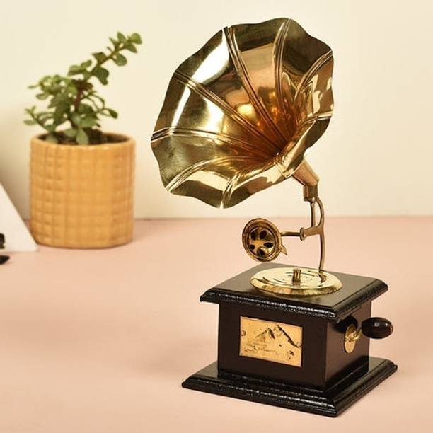 Mid Century Antique Home Decor Wooden, Brass Gramophone