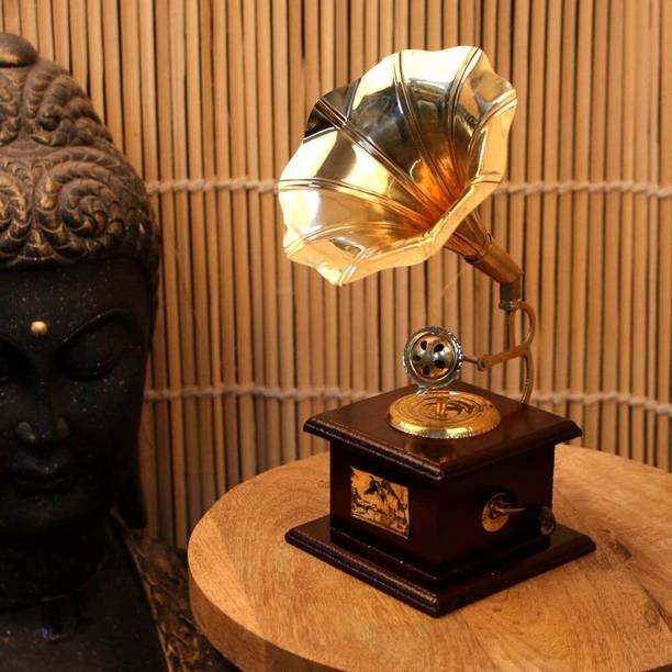 Paartha Saarthi Rajasthani Antique Vintage Brass Miniature Dummy Brass Showpiece| Room|Table Wooden Gramophone