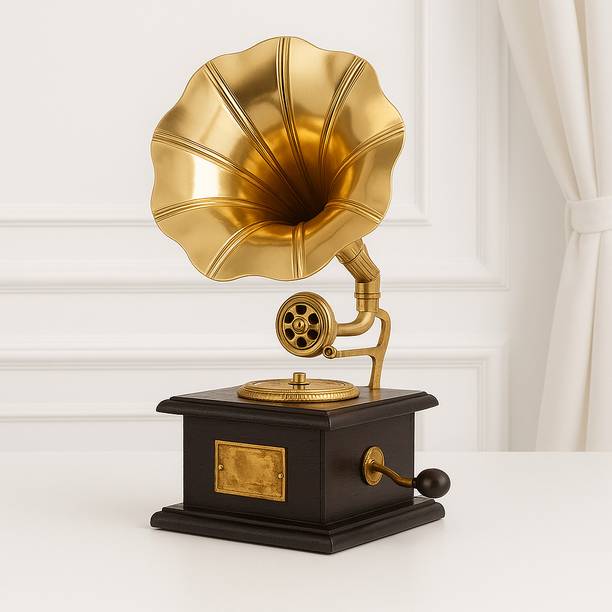 DAIVIKSDECOR Vintage Classic Decorative Gramophone Showpiece for Home & Office Wooden, Brass Gramophone