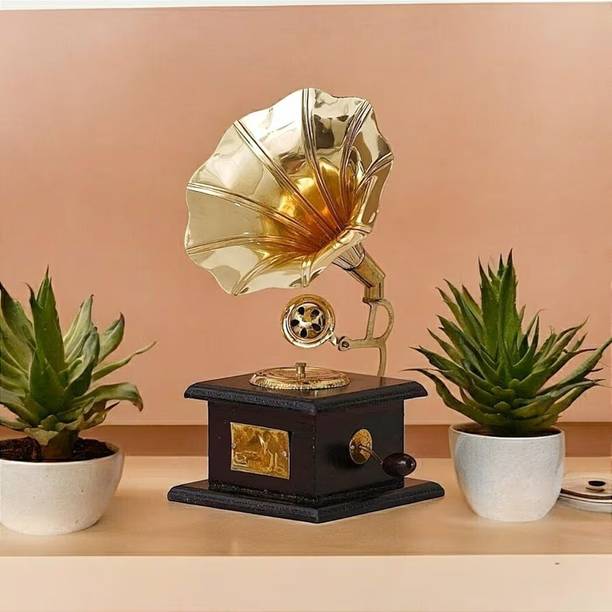 ZADesigns Vintage Brass & Wood Miniature Gramophone Showpiece - Antique Home Decor Gift Brass Gramophone
