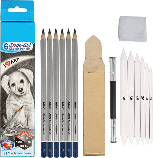 Ortan HB,2B,4B,6B,8B,10B Sketching Kit With Blending Stump+Sandpaper+Extender+Eraser Pencil
