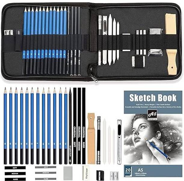 Mikki Tikki Art Sketching Kit, Graphite & Charcoal Drawing Pencil Set with Zipper Case Pencil