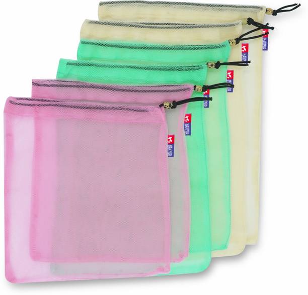 MAKMOR Multi Color Vegetable Mesh Reusable Drawstring Fruit Grocery Shopping Bag Pack of 6 Grocery Bags